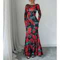 Elegant And Slim-fitting Round Neck Rose Floral Flared Sleeve Bodycon Dress