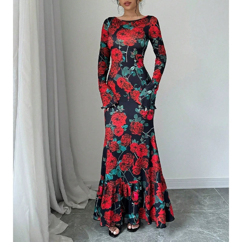 Elegant And Slim-fitting Round Neck Rose Floral Flared Sleeve Bodycon Dress