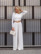 Casual Pleated Floral Long-sleeved Top & Pants Suit