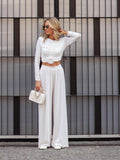 Casual Pleated Floral Long-sleeved Top & Pants Suit