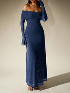 Black Off-Shoulder Maxi Dress With Glitter Detail And Mesh Sleeves