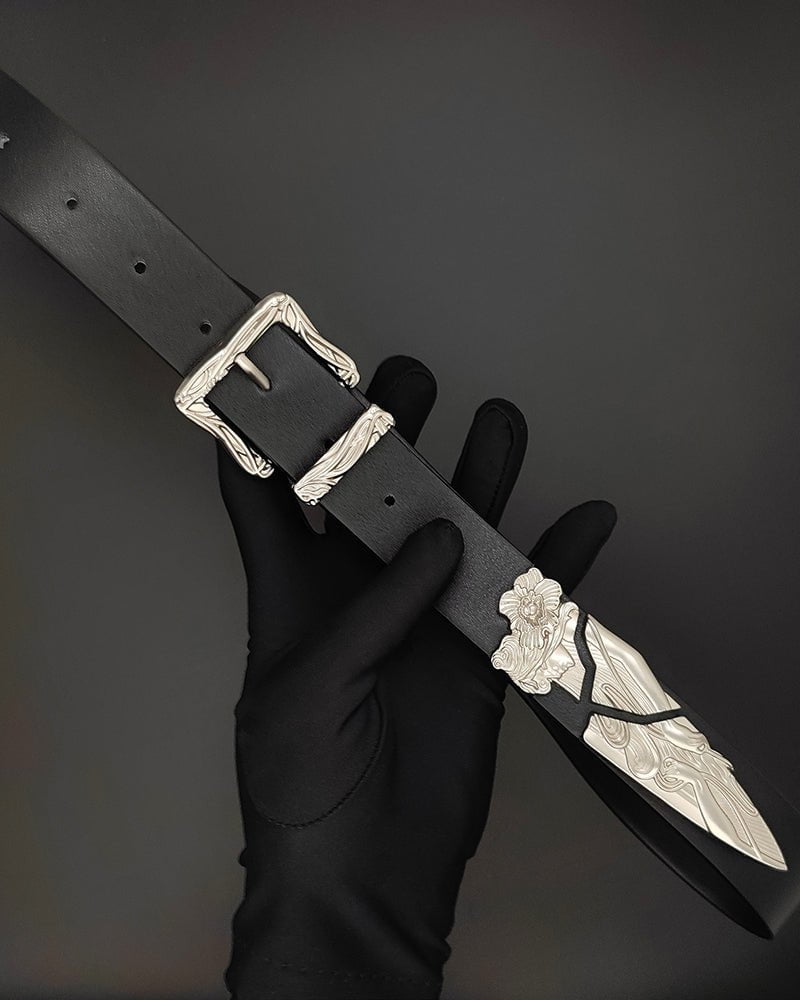 Silver-Embellished Black Eco-Leather Belt