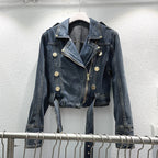 Fashion Denim Jacket Women's Retro High Waist Crop Top