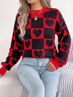 Women's Color-Blocked Plaid Heart Lantern Sleeve Pullover Sweater For Valentine's Day
