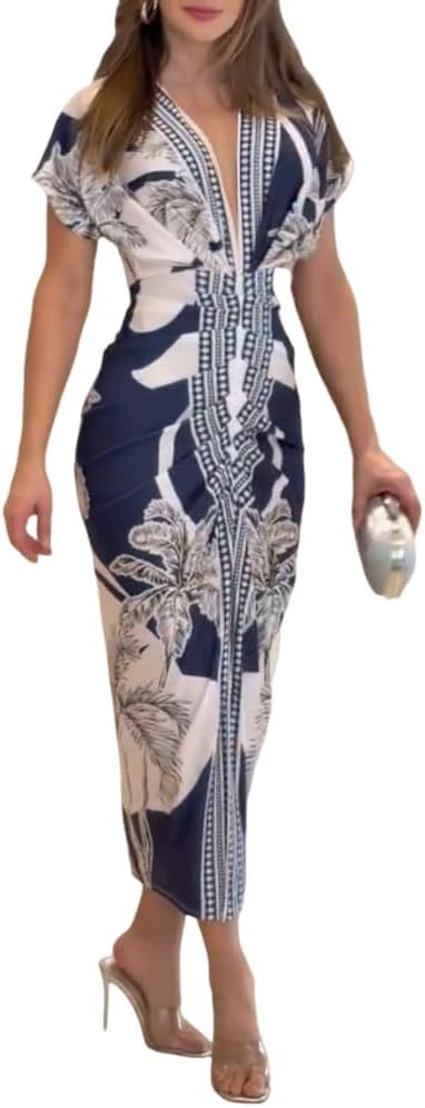 Fashionable Baroque Retro Pattern Long-Sleeve Slim-Fit Deep V-Neck Bodycon Mid-Length Skirt