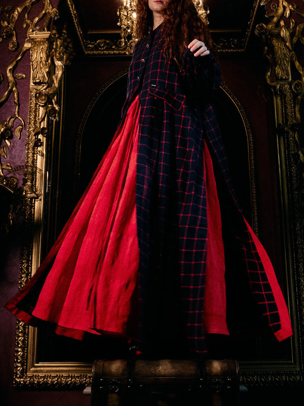 Navy Red Plaid Long Coat With Red Maxi Swing Dress Set