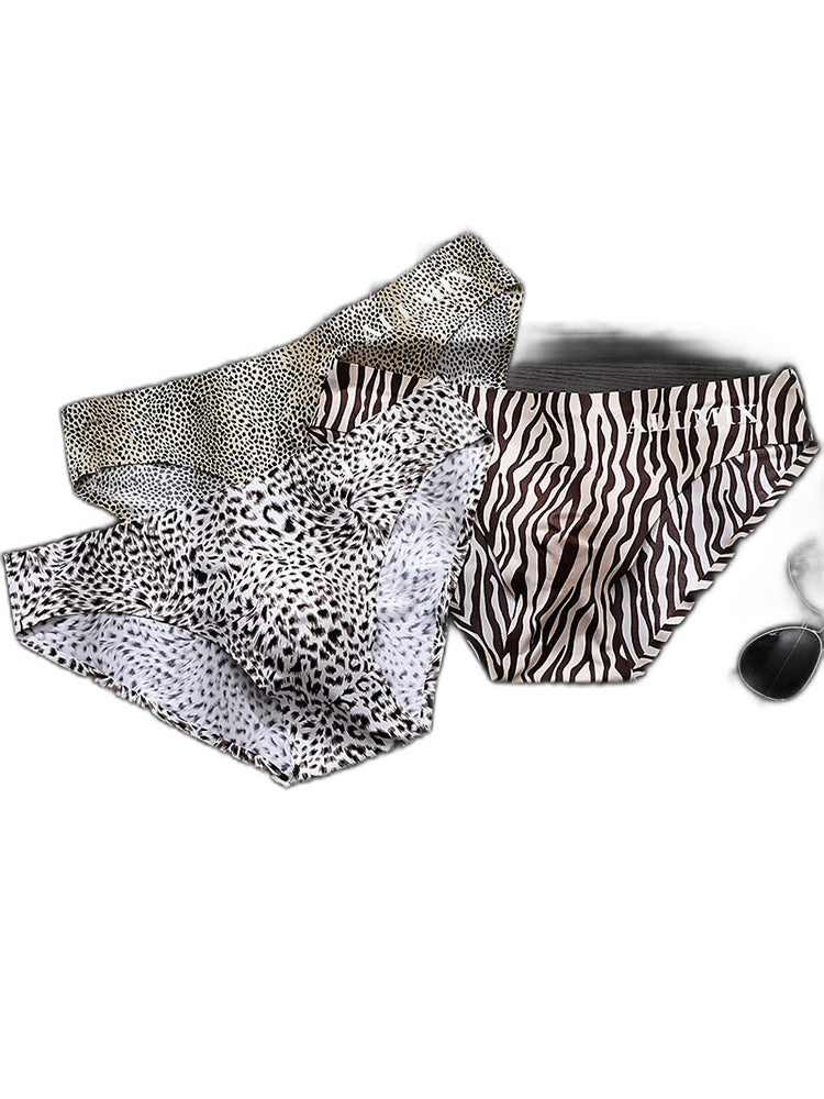 3 Pack ALLMIX Men's 3D Pouch Sexy Leopard Print Ice Silk Briefs