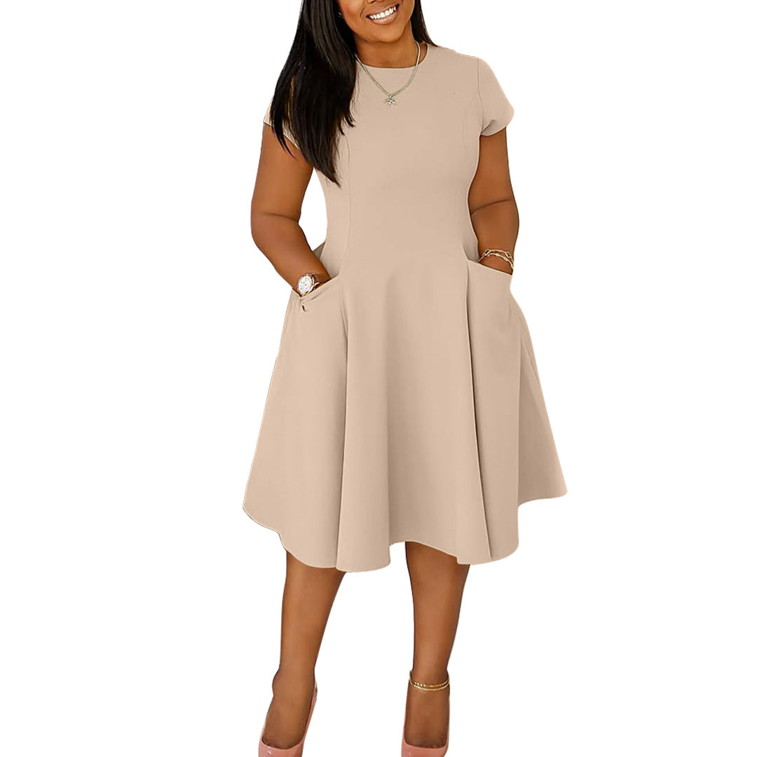 Arrival Casual A-Line Midi Dress With Round Neck And Pockets Slim Fit