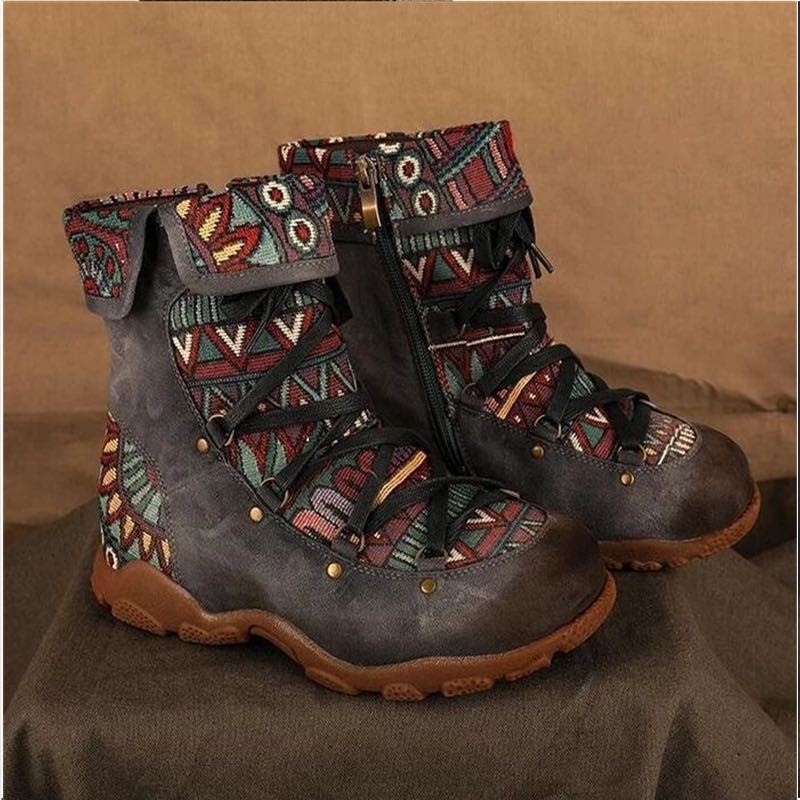 Ethnic Style Large Size Short Boots Women's Fashion Retro Side Zipper Round Head Autumn And Winter Fashion Nude Boots