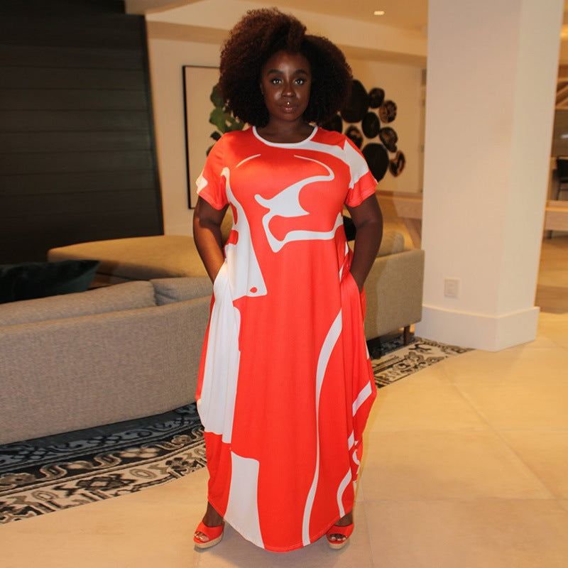 Women's Plus-Size Printed Crew-Neck Long Creative Dress