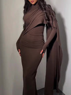 Brown Turtleneck Long-sleeved Slim Dress