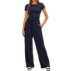 2pcs Solid Color Casual Sports Yoga Suit Short-sleeved Top And High-waisted Drawstring Wide-leg Pants Summer Fashion Set For Womens Clothing