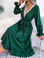 Women's Elegant V-Neck Lace Waist-Defined Hem Ruffle Maxi Dress