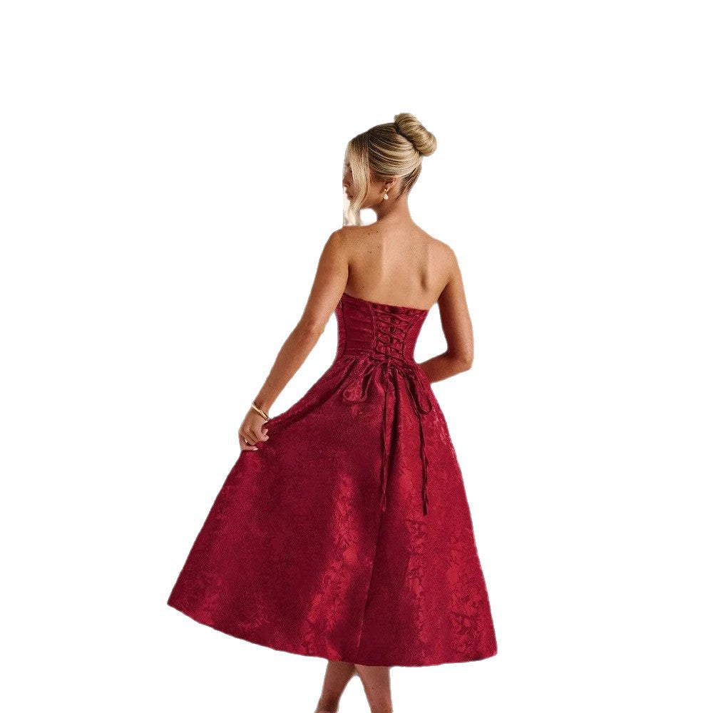Womens Solid-Color Jacquard Satin Tube Dress