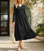 Women's Solid-Color Pleated V-Neck Flowy Casual Dress