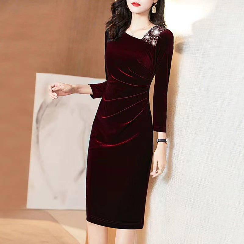 Long-sleeved Velvet Sheath Skirt With Fleece Lining And Extra Thickness