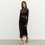 Women's Fashionable Printed Long-Sleeve Lace-Patchwork Skirt Set