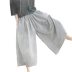High-waisted Cotton-linen Plaid Wide-leg Pantskirt Loose-fitting Casual Trousers Elegant Style