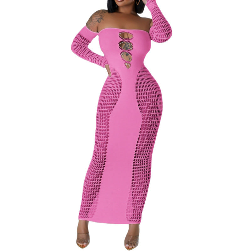 Solid Color Off-neck Sleeve Hollow Sexy Slim Fit One-piece Knitted Sheath Dress