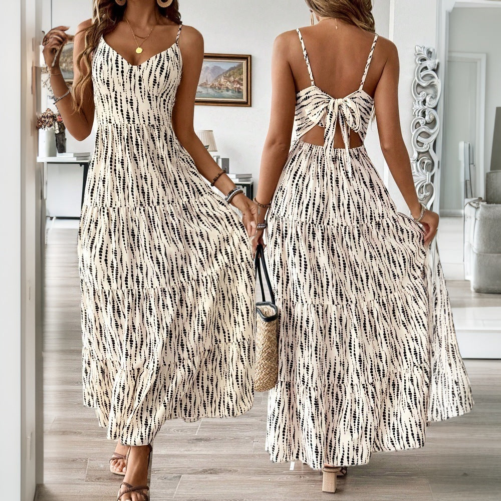 European And American Vacation Style Sling Dress Irregular Stripe Design