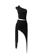 Oblique Shoulder Hollow Irregular Pleated Top Diagonal Strap Skirt Suit