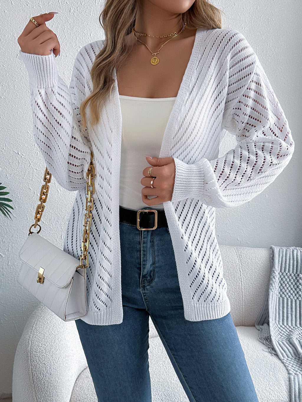 Women Casual Solid Color Hollow Out Long Sleeve Cardigan Sweater