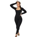 New Sexy U-neck Backless Strap Long-sleeve Solid-color Hip-lifting Jumpsuit