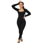 New Sexy U-neck Backless Strap Long-sleeve Solid-color Hip-lifting Jumpsuit