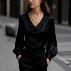 French-style Elegant And Sophisticated Satin Long-sleeve Blouse With Bubble Sleeves And A V-neck