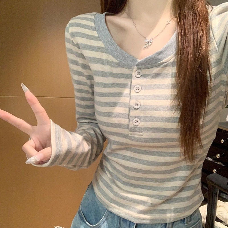 Women's Fashionable Versatile Striped Long-sleeve Top
