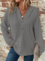 Waffle Hooded Sweater Sweatshirt Fashion Casual Long-sleeved Drawstring V-neck Buttons Top Women's Clothing