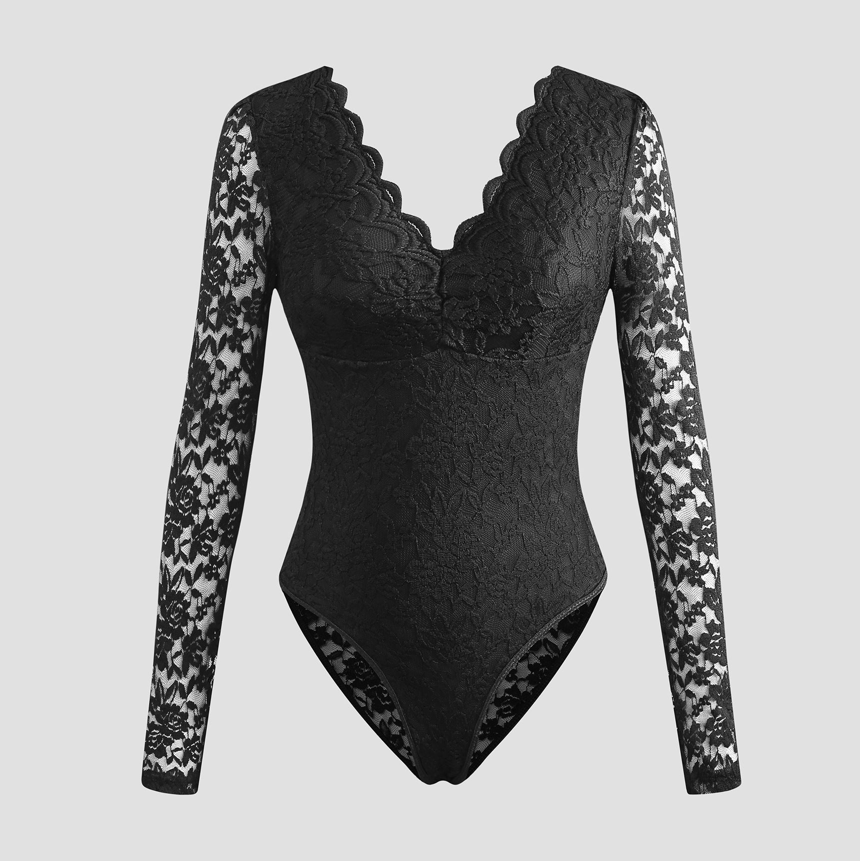 Sexy Solid-Color Lace Long-Sleeve Sheer Bodycon Jumpsuit