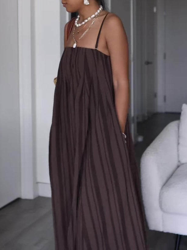 Brown Striped Suspender Pocket Loose Dress