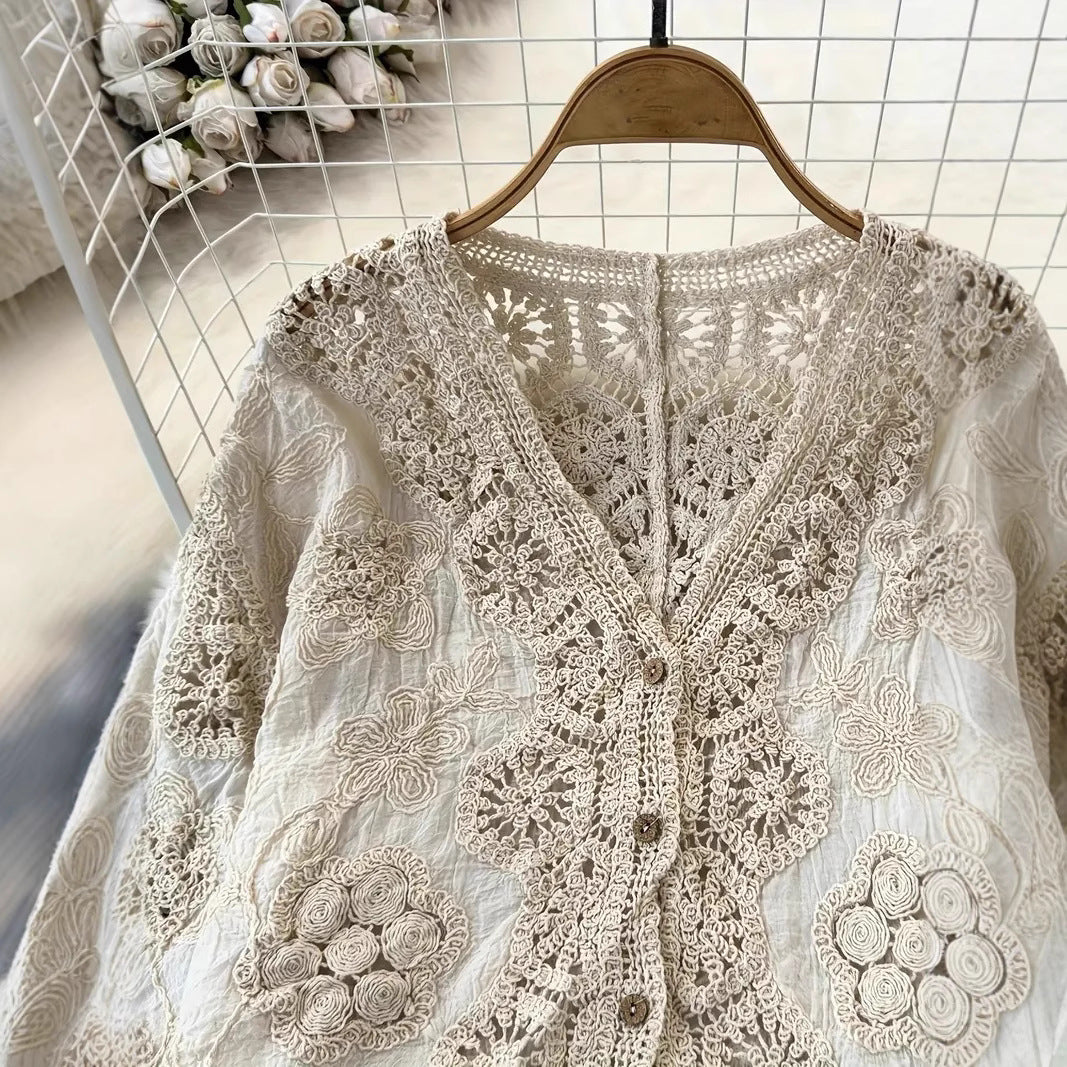 V-neck Hollow-out Knit Top With Three-quarter Sleevesloose-fit