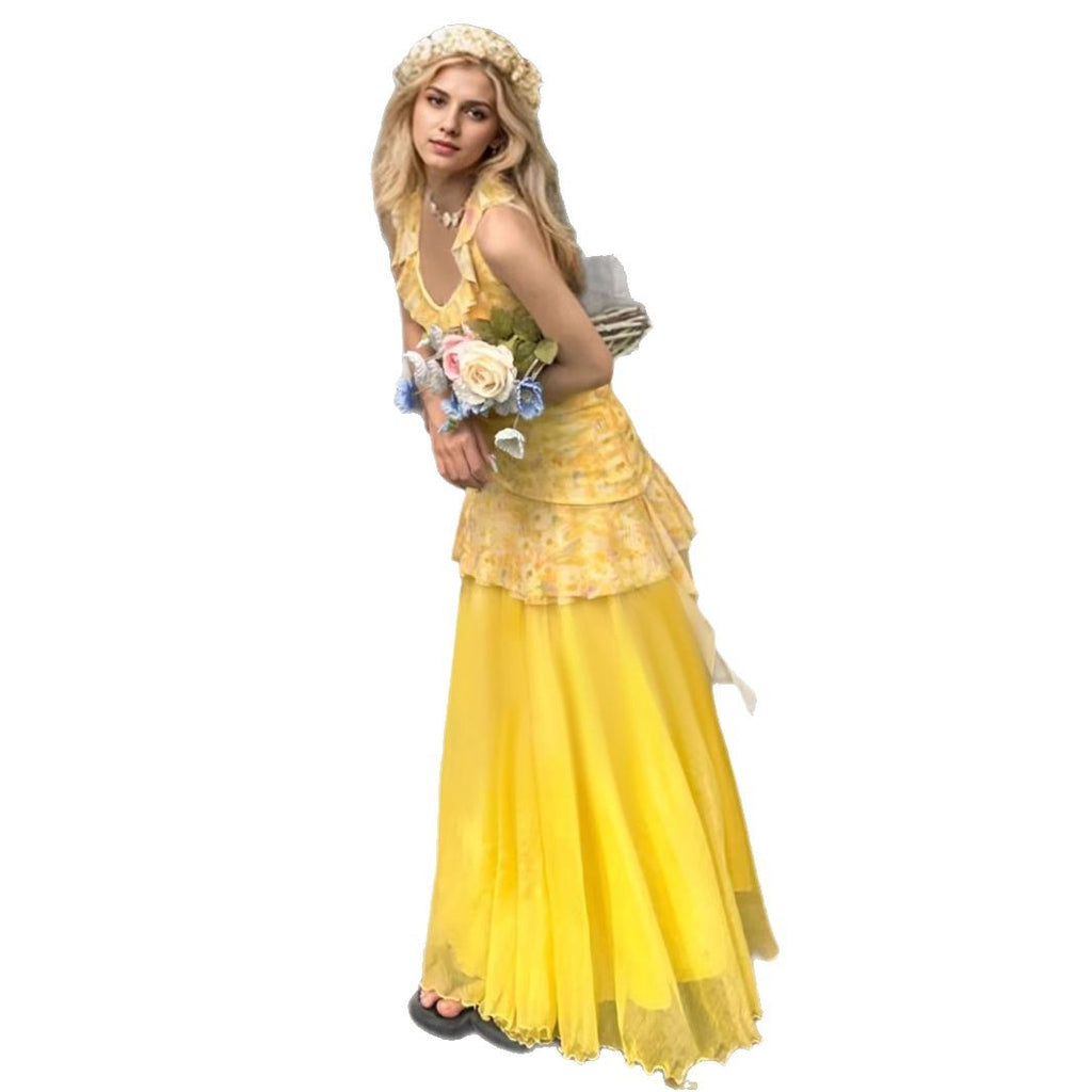 Yellow Floral-print V-neck Slip Dress With High Waist And Mesh Paneling