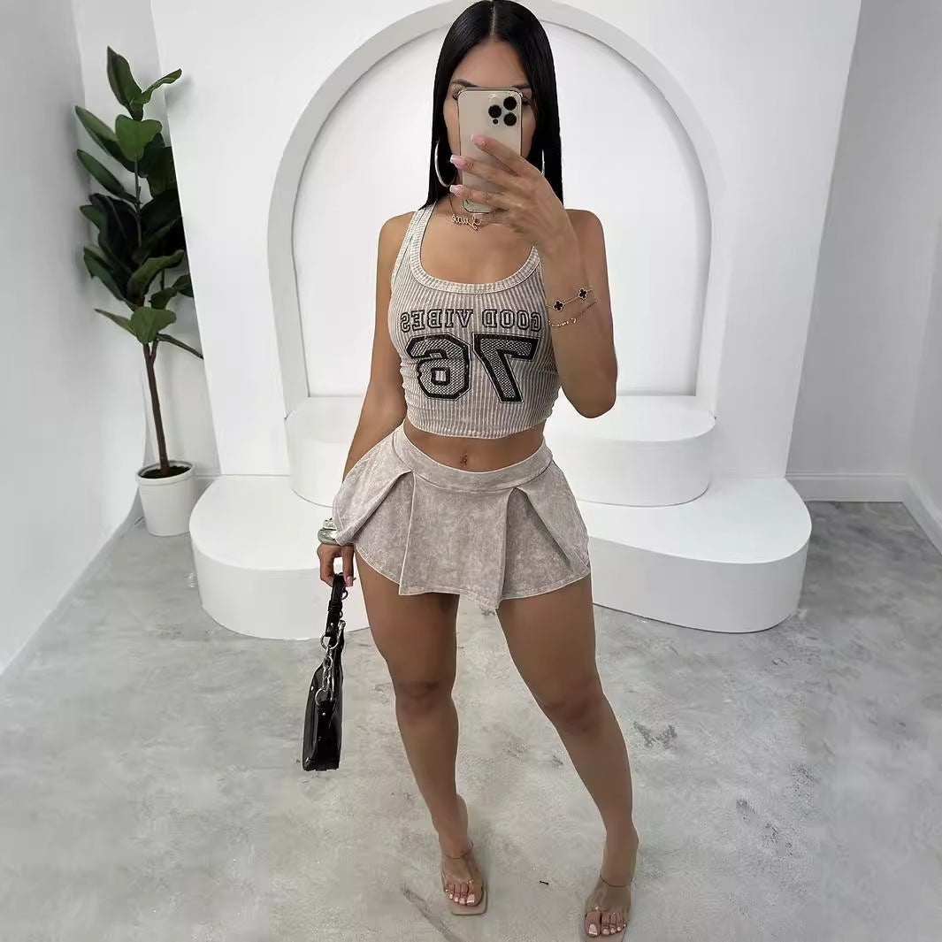 Letter-printed Fitted Short Top And Pleated Short Skirt Set