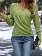 V-neck Long Sleeve Cross Solid Color Knitted Sweater
