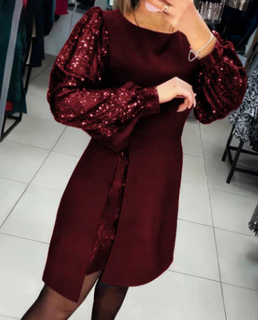Women's Elegant Patchwork Sequin Puff Sleeve Short Dress