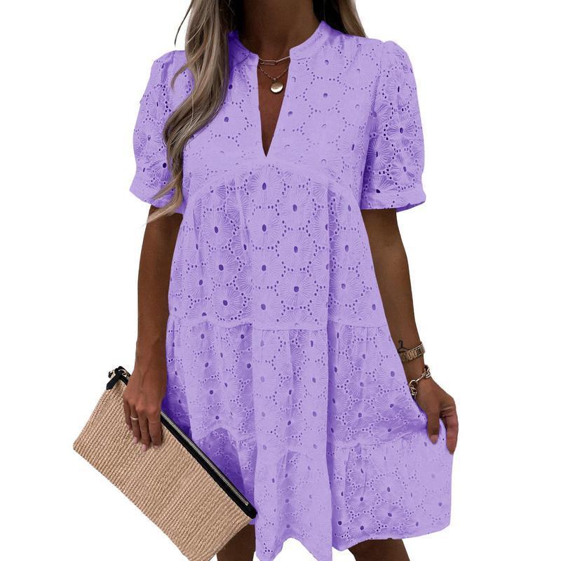 Lace Solid Color V-Neck High-End A-Line Dress