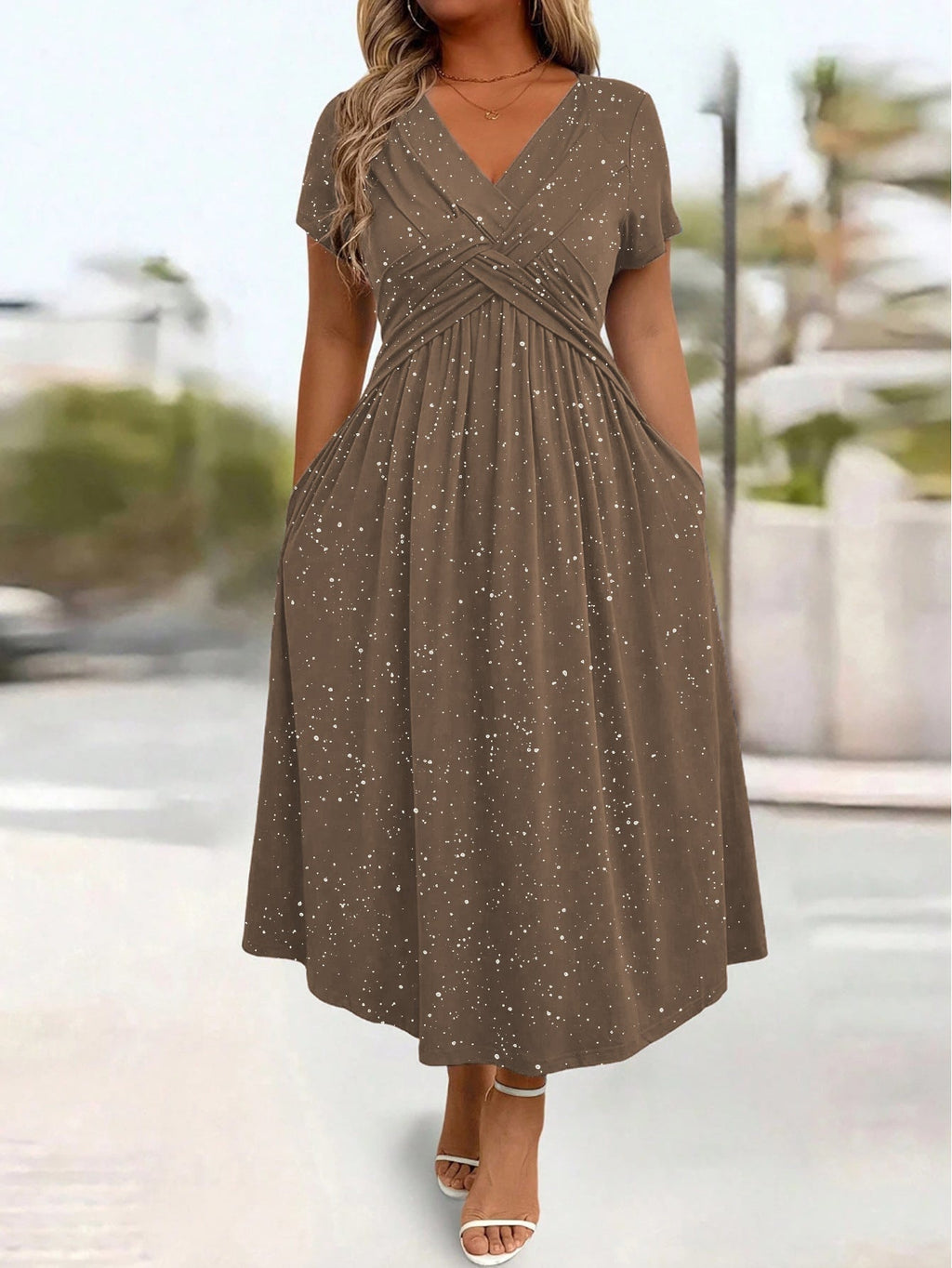 Waist Cinching Elegant Dress With A Vneck Shimmering Powder Finish Twisted Ribbon Detailing And Pocket Design