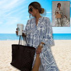 Autumn Casual Print Vacation Loose Dress Women Fashion V-neck Flare Sleeve Elegant Ruffle Shirt Dress Female Vintage Loose Dress