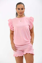 Women's Frill Peplum Sleeve Top & Shorts Set – 2-Piece Casual Tracksuit Outfit