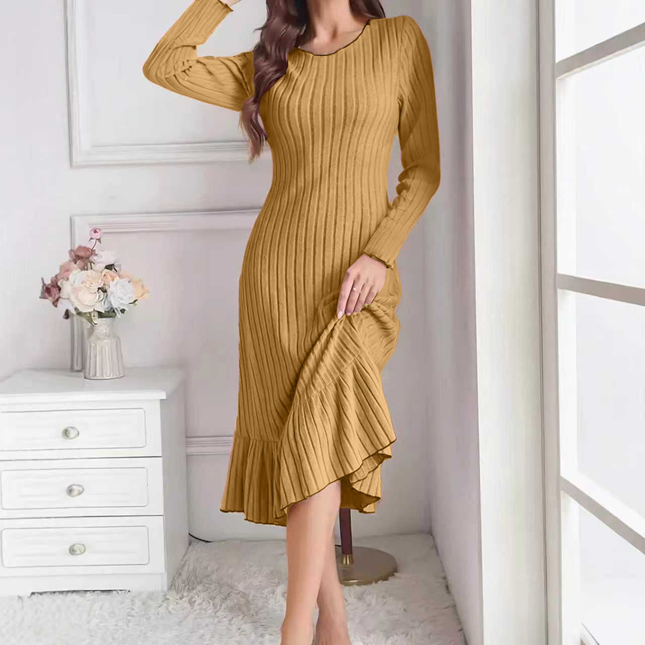 Women's Fashion Solid Color Ruffle Sleeve Long Dress