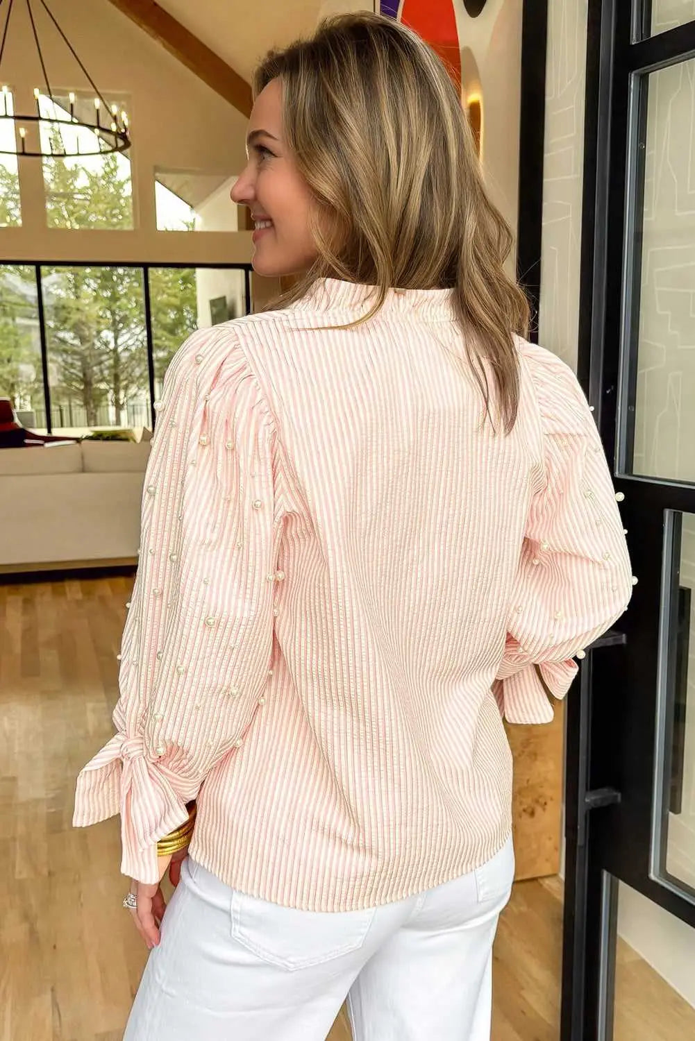 Striped Bow Cuff Pearl Embellished Blouse Women UK