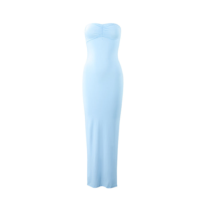 Spicy Girl Style Tube Top Bodycon Side-Slit Long Solid-Color Dress