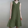 Loose-fit V-neck Solid-color Pleated Strap Sundress In Cotton And Linen