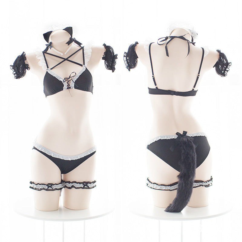 Sexy Deep-V Cross-strap Lace Panties Thong-style Passionate Cat-themed Set