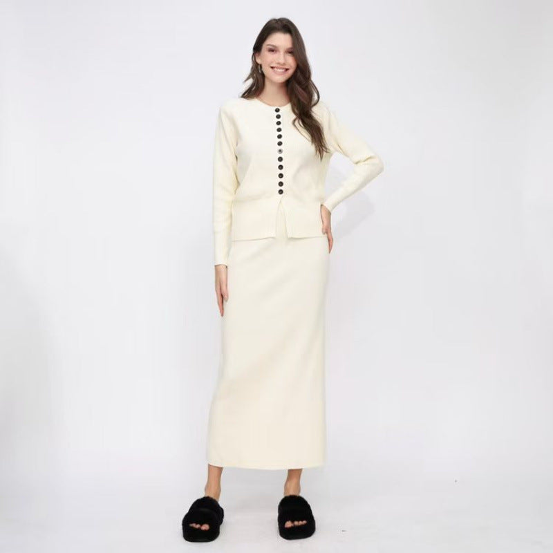 Women's Solid-color Casual Cardigan And Skirt Setsoft And Gentle All-in-one Outfit