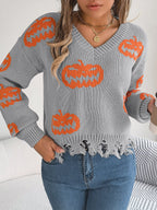 Women Color Block Pumpkin Distressed Long Sleeve Pullover Sweater