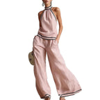 Womens Striped Patchwork Halterneck Sleeveless Wide-Leg Pants Set